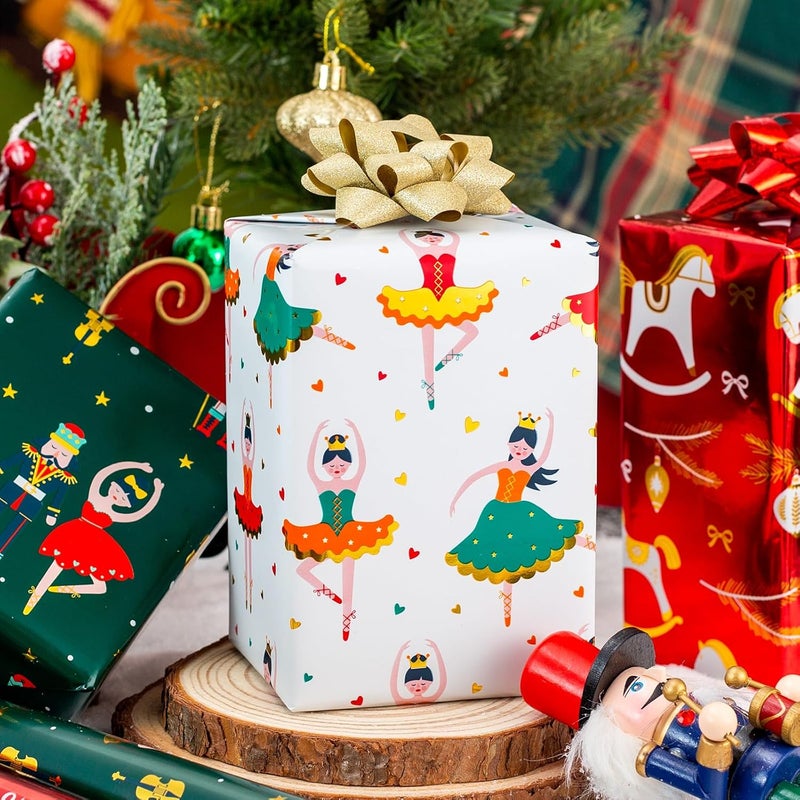 Yarcony Christmas Wrapping Paper Roll - 17In x 120In Per Roll - Metallic Foil Vintage Style Holiday Nutcracker, Red Rocking Horse, Christmas Ballet Present Gift Wrap Paper for Birthday, Baby Shower - Image 5